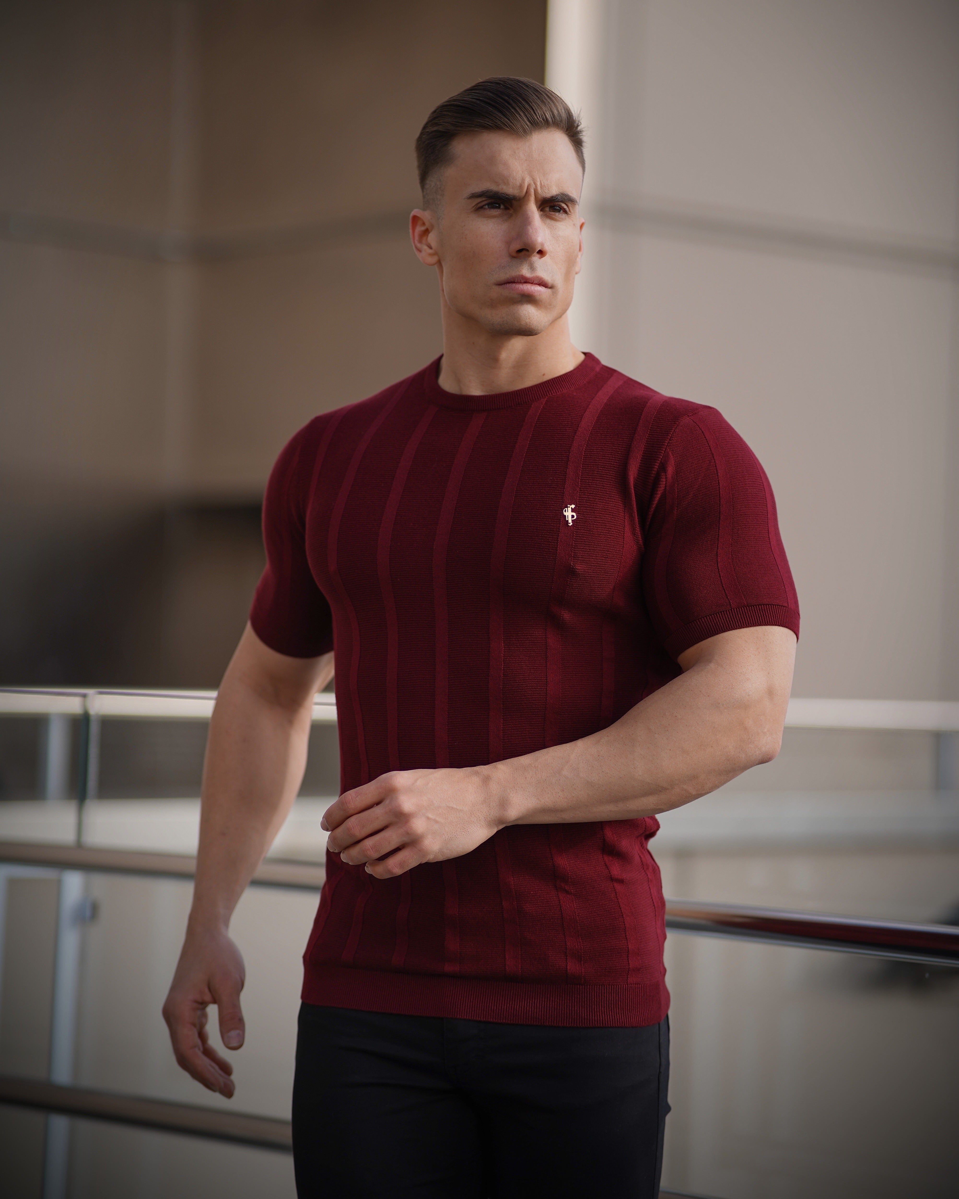 Classic Short Sleeve Burgundy Knitted Wide Rib Crew with Gold Emblem - FSH563
