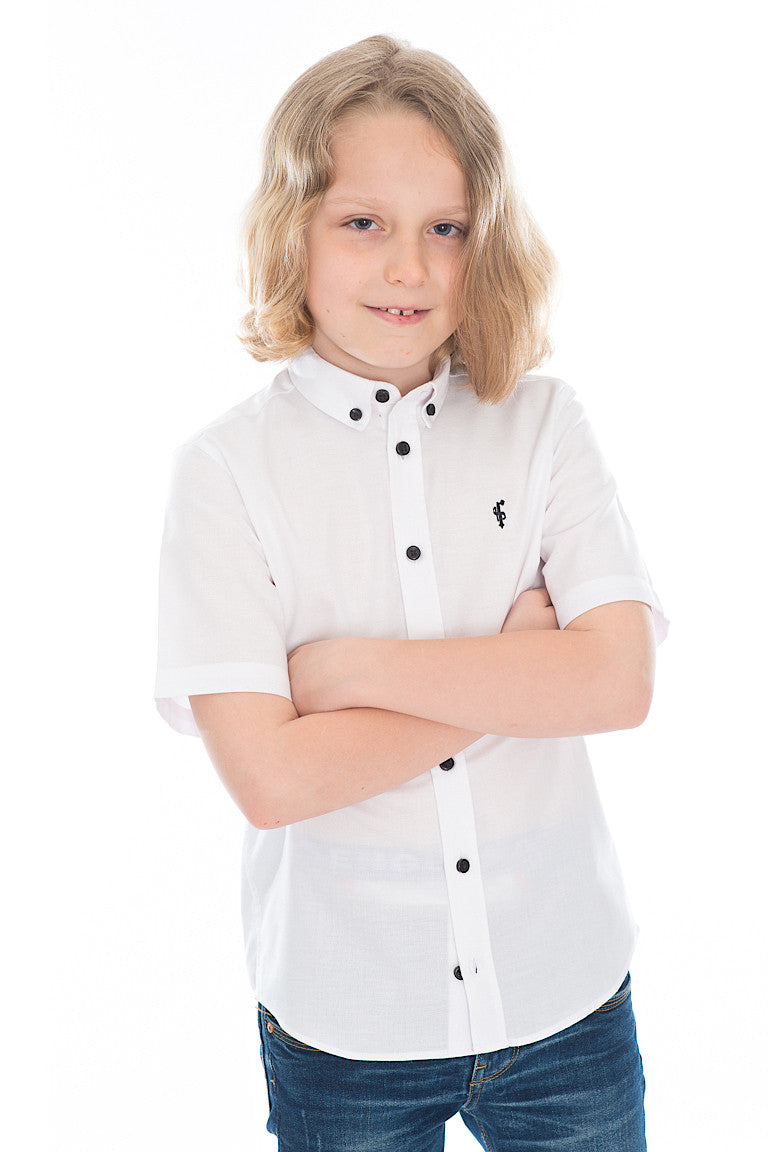 Boys Classic White Black Button Short Sleeve - FSB005 (LAST CHANCE)