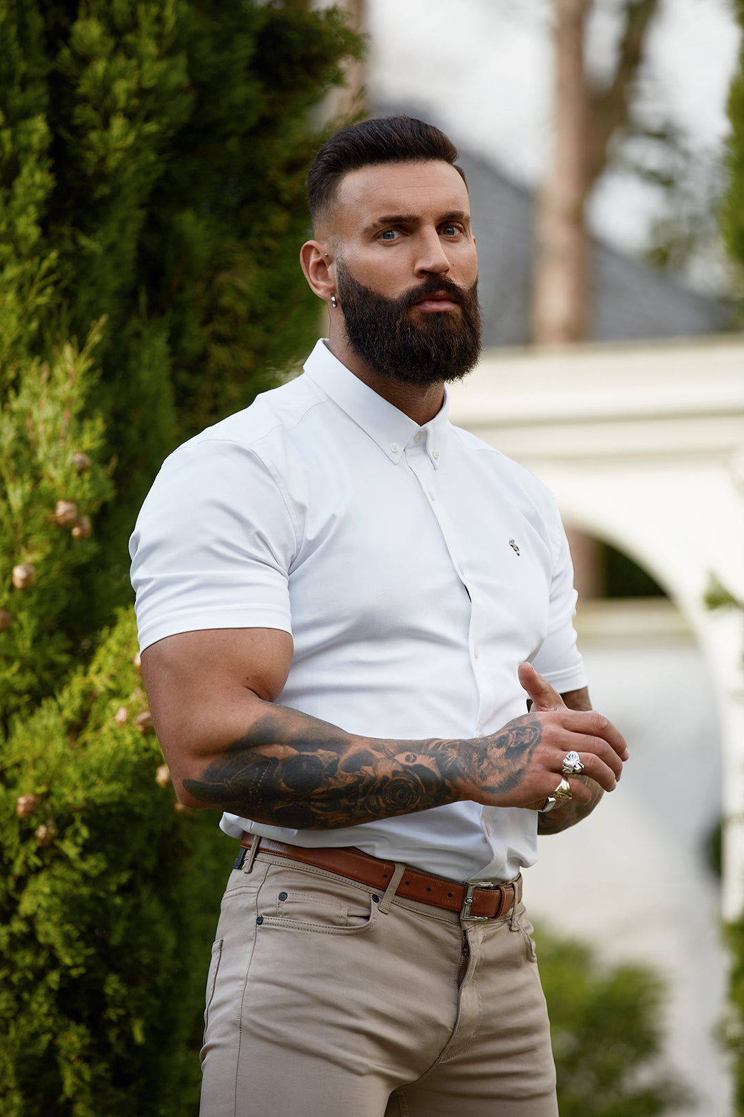 Super Slim Stretch White Denim Short Sleeve with Metal Decal Emblem - FS627