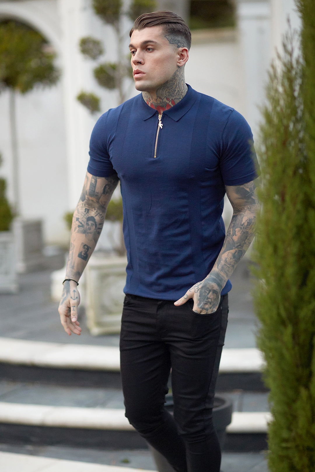 Classic Navy and Gold Zip Knitted Short Sleeve Polo Shirt - FSH417