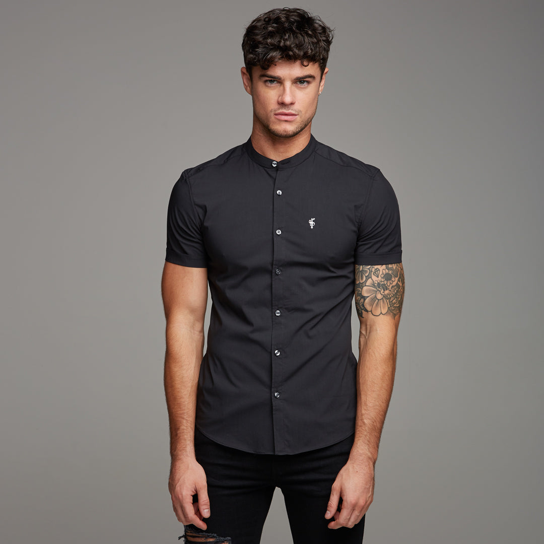 Super Slim Stretch Classic Black Grandad Collar Short Sleeve - FS173
