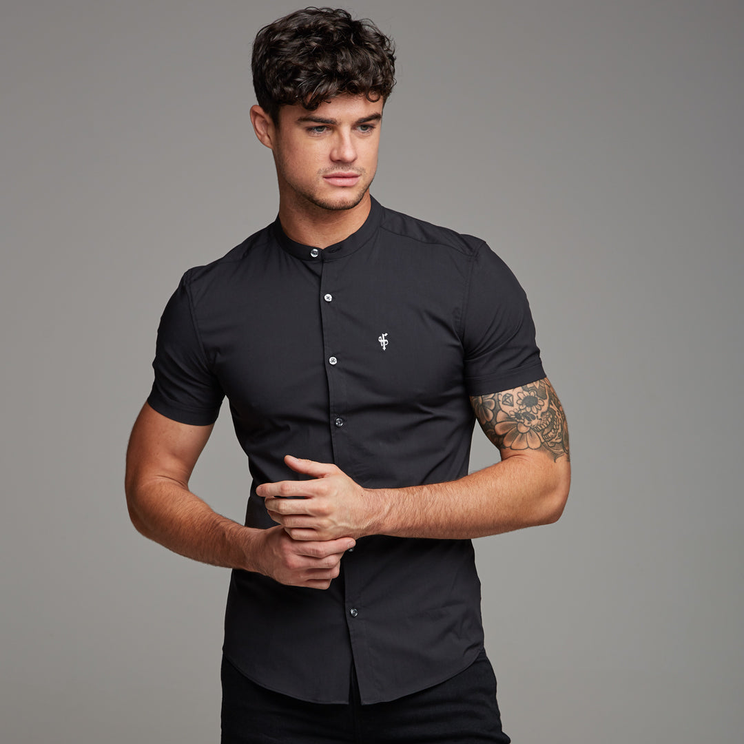 Super Slim Stretch Classic Black Grandad Collar Short Sleeve - FS173