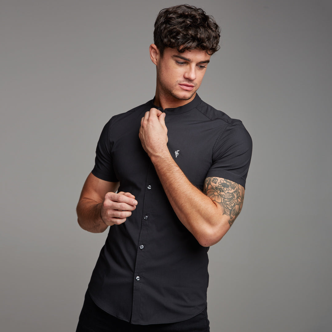 Super Slim Stretch Classic Black Grandad Collar Short Sleeve - FS173