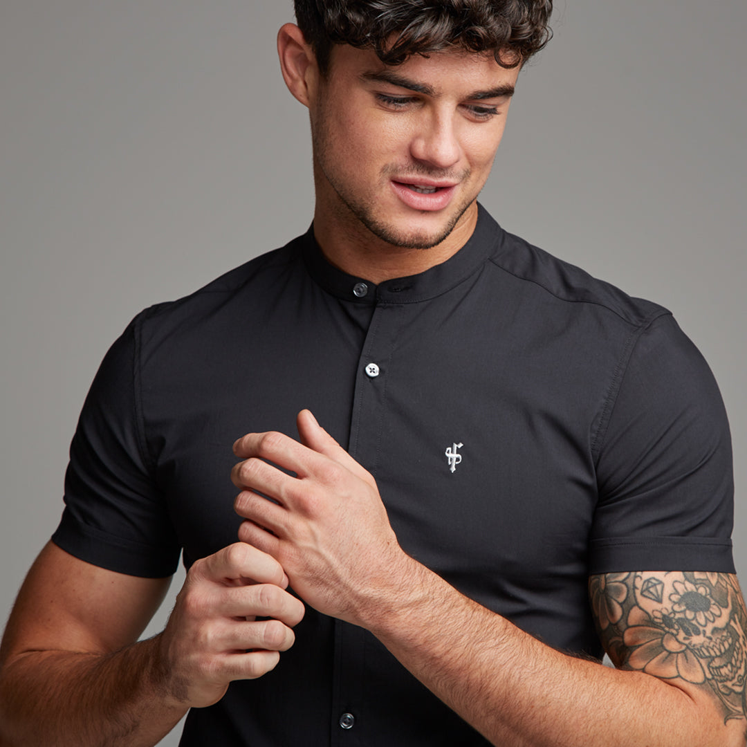 Super Slim Stretch Classic Black Grandad Collar Short Sleeve - FS173