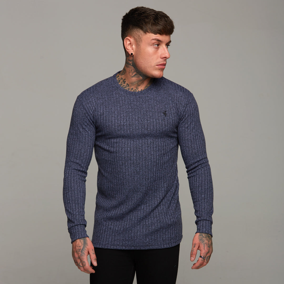 Classic Navy Ribbed Knit Super Slim Crew - FSH114