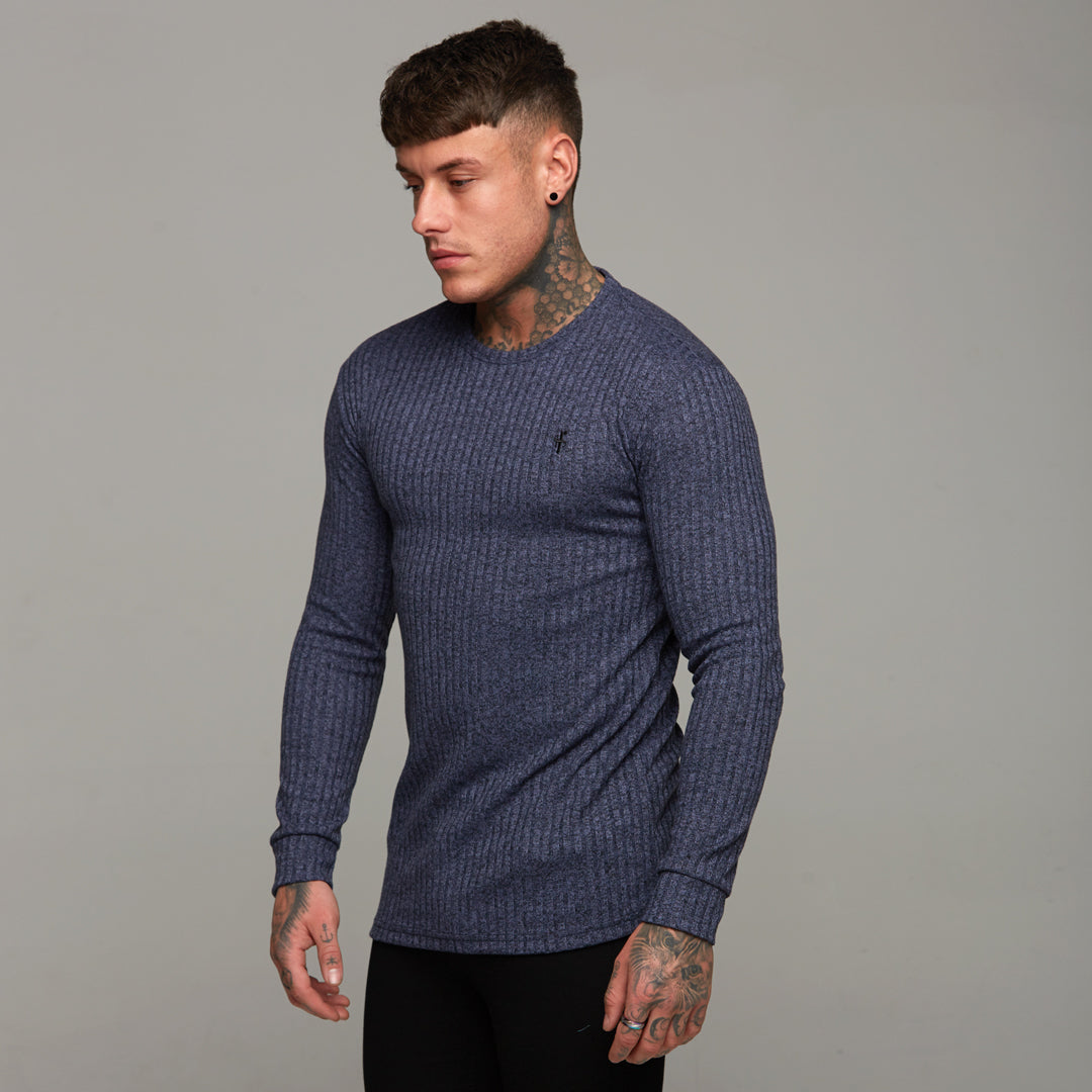 Classic Navy Ribbed Knit Super Slim Crew - FSH114