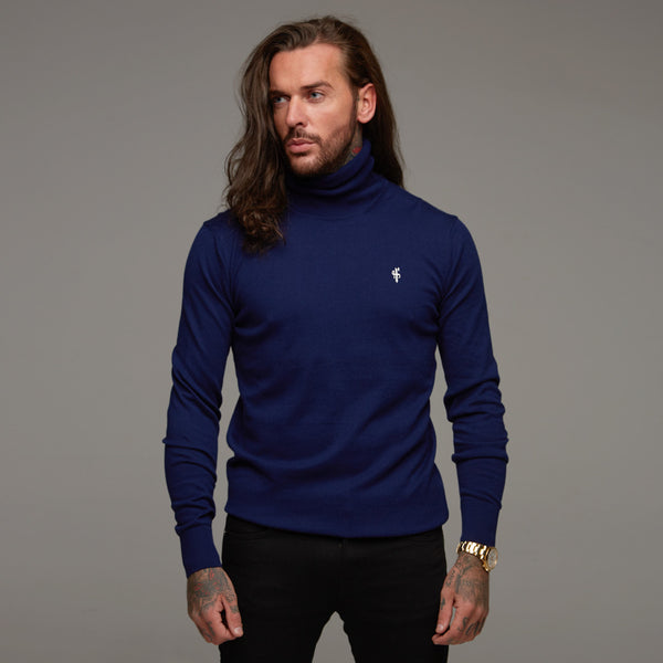 Father Sons Classic Navy Roll Neck Knitted Sweater (White Emblem) - FSH082
