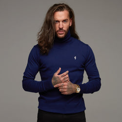 Father Sons Classic Navy Roll Neck Knitted Sweater (White Emblem) - FSH082