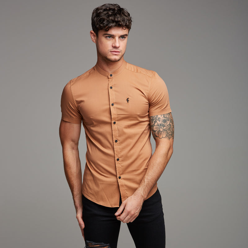 Father Sons Super Slim Stretch Classic Tan Grandad Collar Short Sleeve - FS287 (LAST CHANCE)