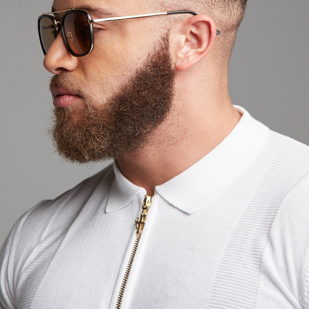 Classic White and Gold Zip Knitted Short Sleeve Polo Shirt - FSH175
