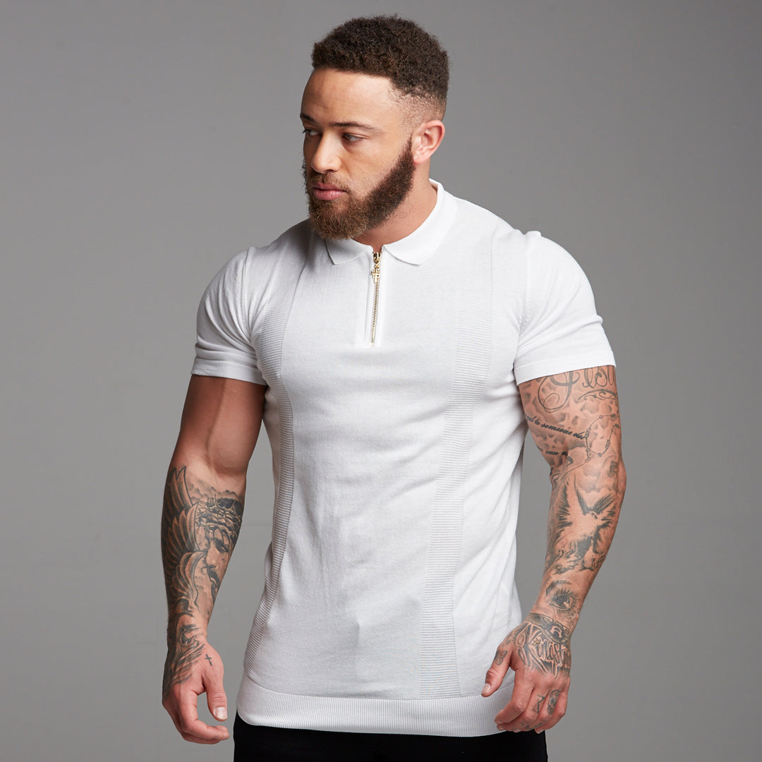 Classic White and Gold Zip Knitted Short Sleeve Polo Shirt - FSH175