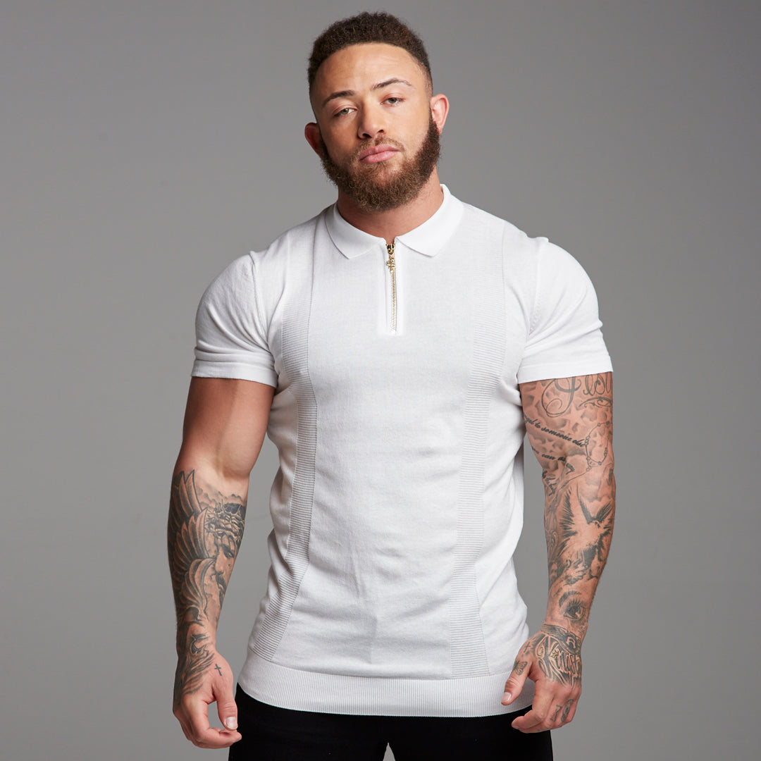 Classic White and Gold Zip Knitted Short Sleeve Polo Shirt - FSH175