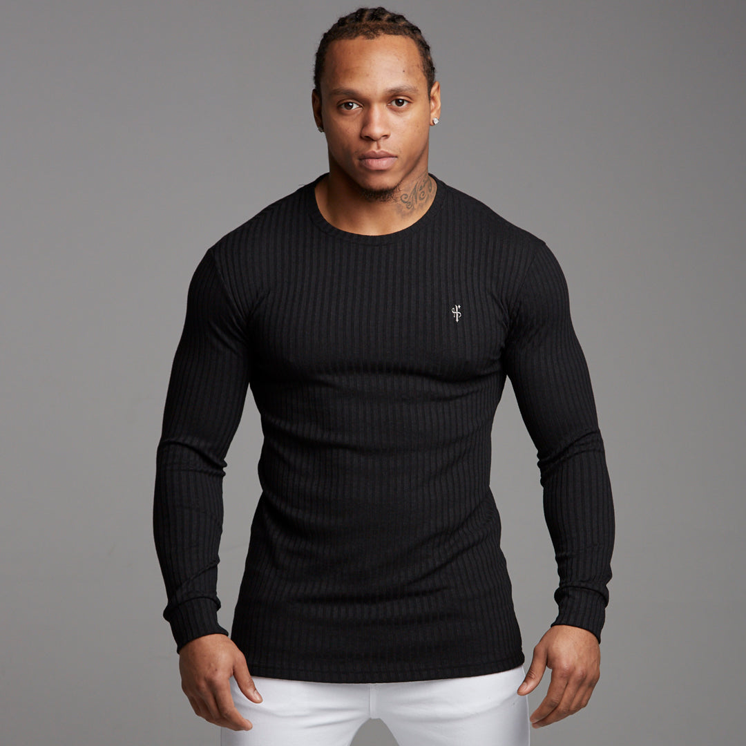 Classic Black Ribbed Knit Super Slim Crew - FSH162