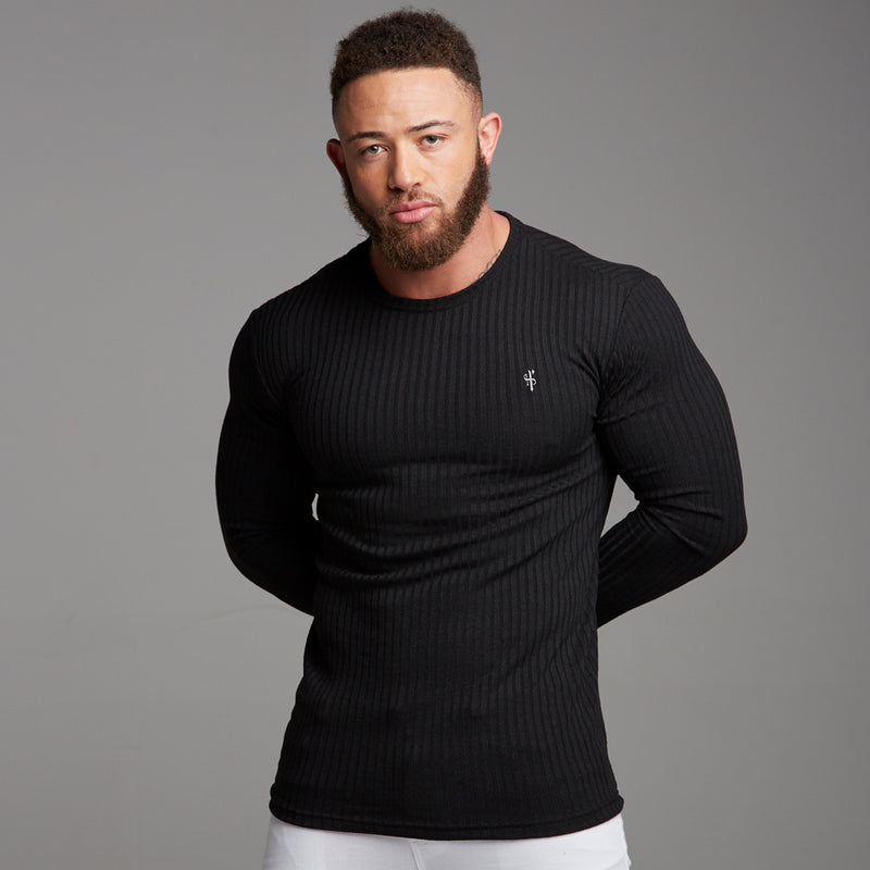 Father Sons Classic Black Ribbed Knit Super Slim Crew - FSH162