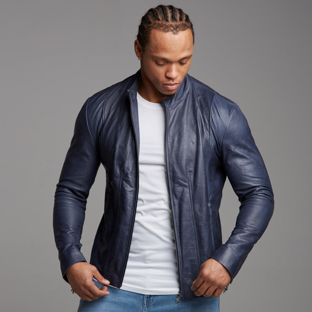 Navy Lambs Leather Jacket - FSH217