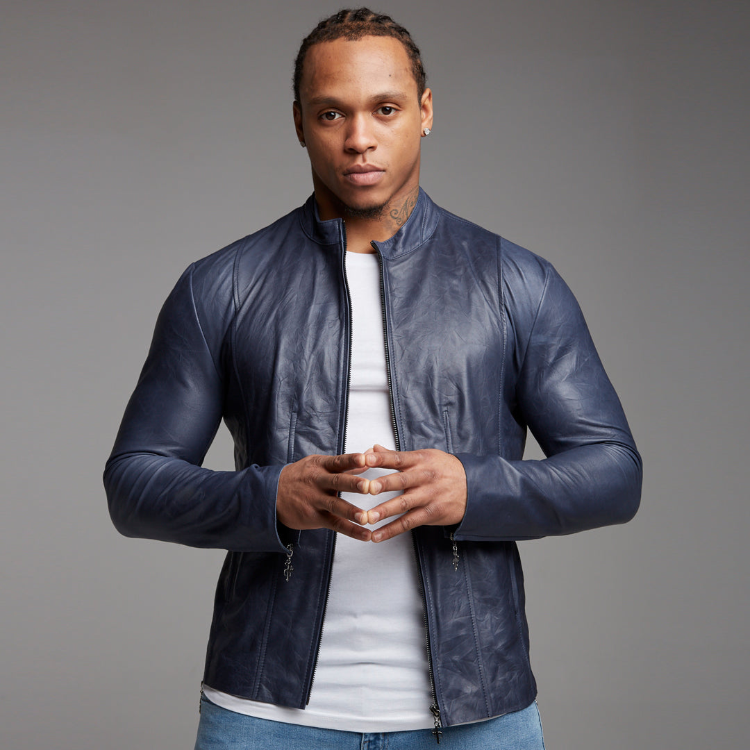 Navy Lambs Leather Jacket - FSH217