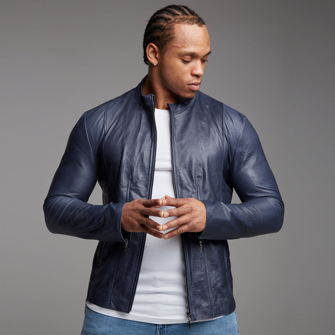 Navy Lambs Leather Jacket - FSH217