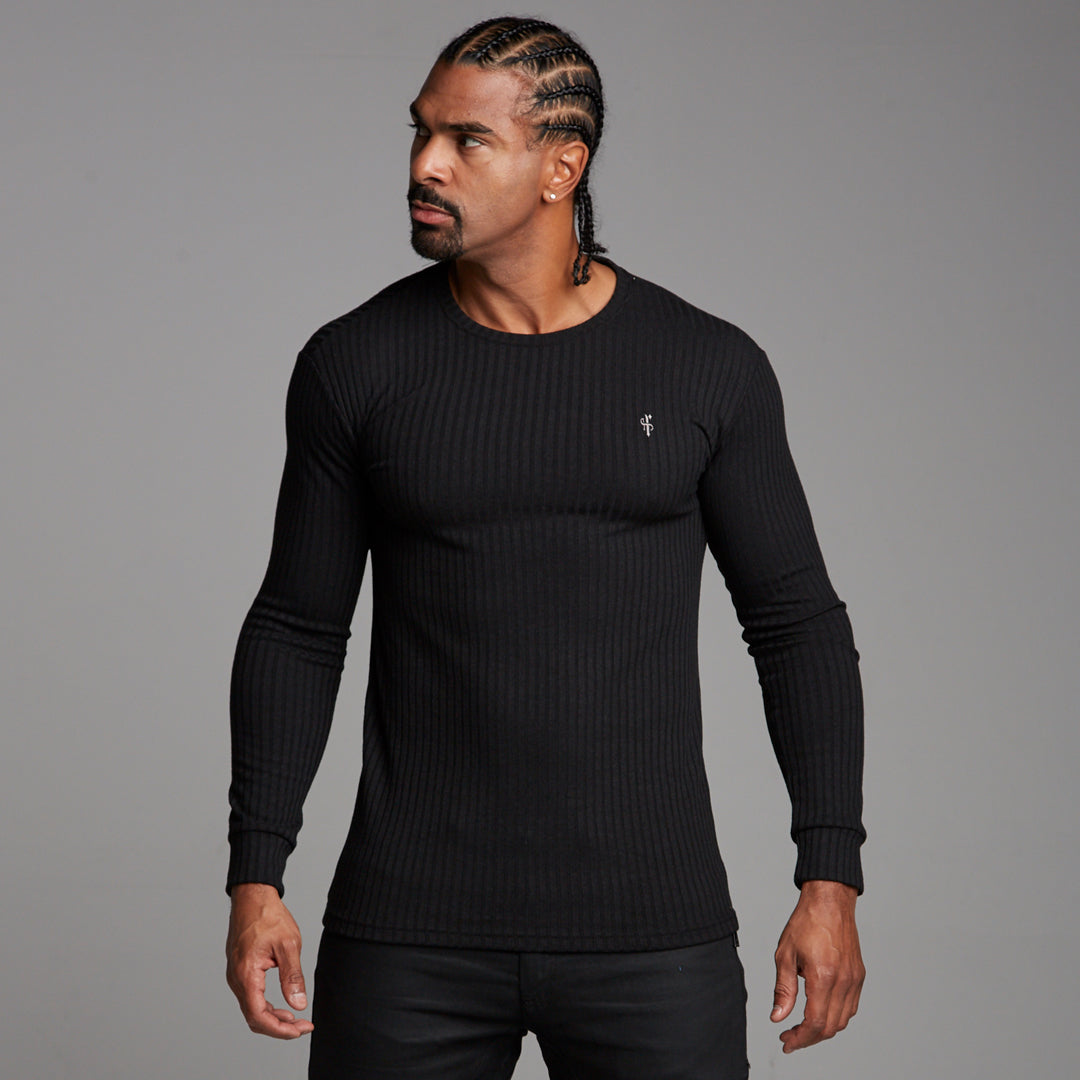 Classic Black Ribbed Knit Super Slim Crew - FSH162