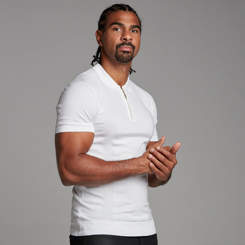Father Sons Classic White and Gold Zip Knitted Short Sleeve Polo Shirt - FSH175