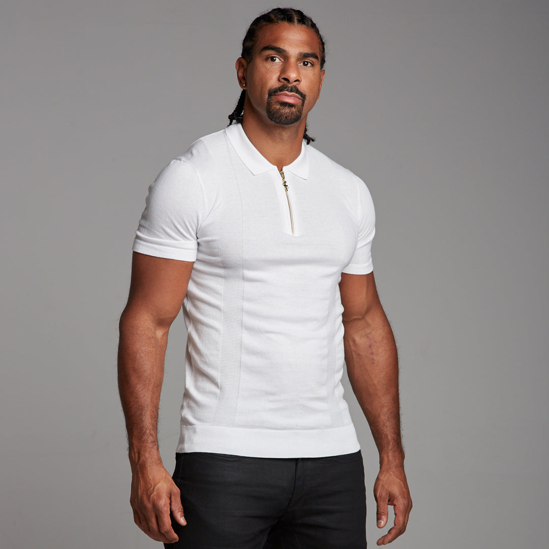 Classic White and Gold Zip Knitted Short Sleeve Polo Shirt - FSH175