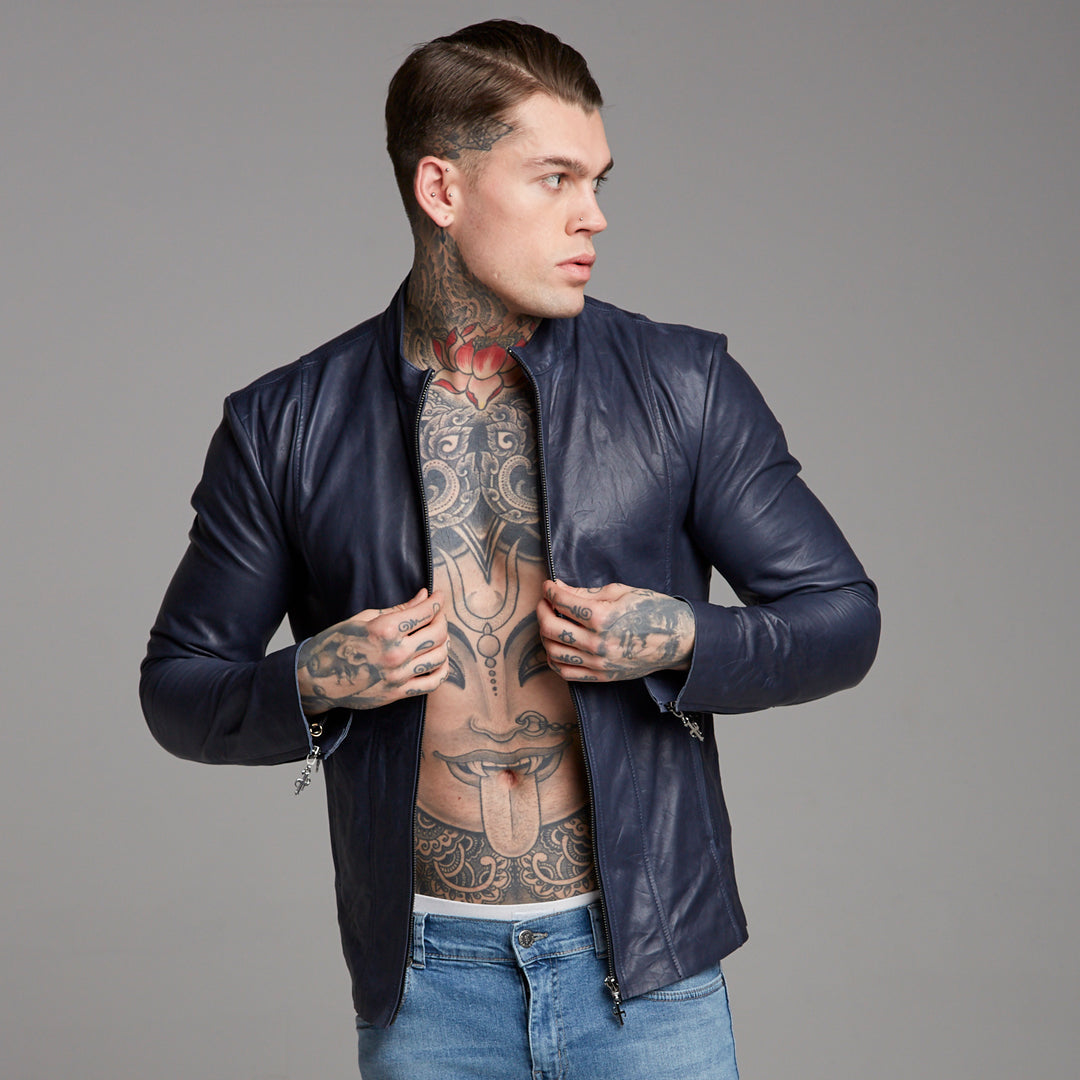 Navy Lambs Leather Jacket - FSH217