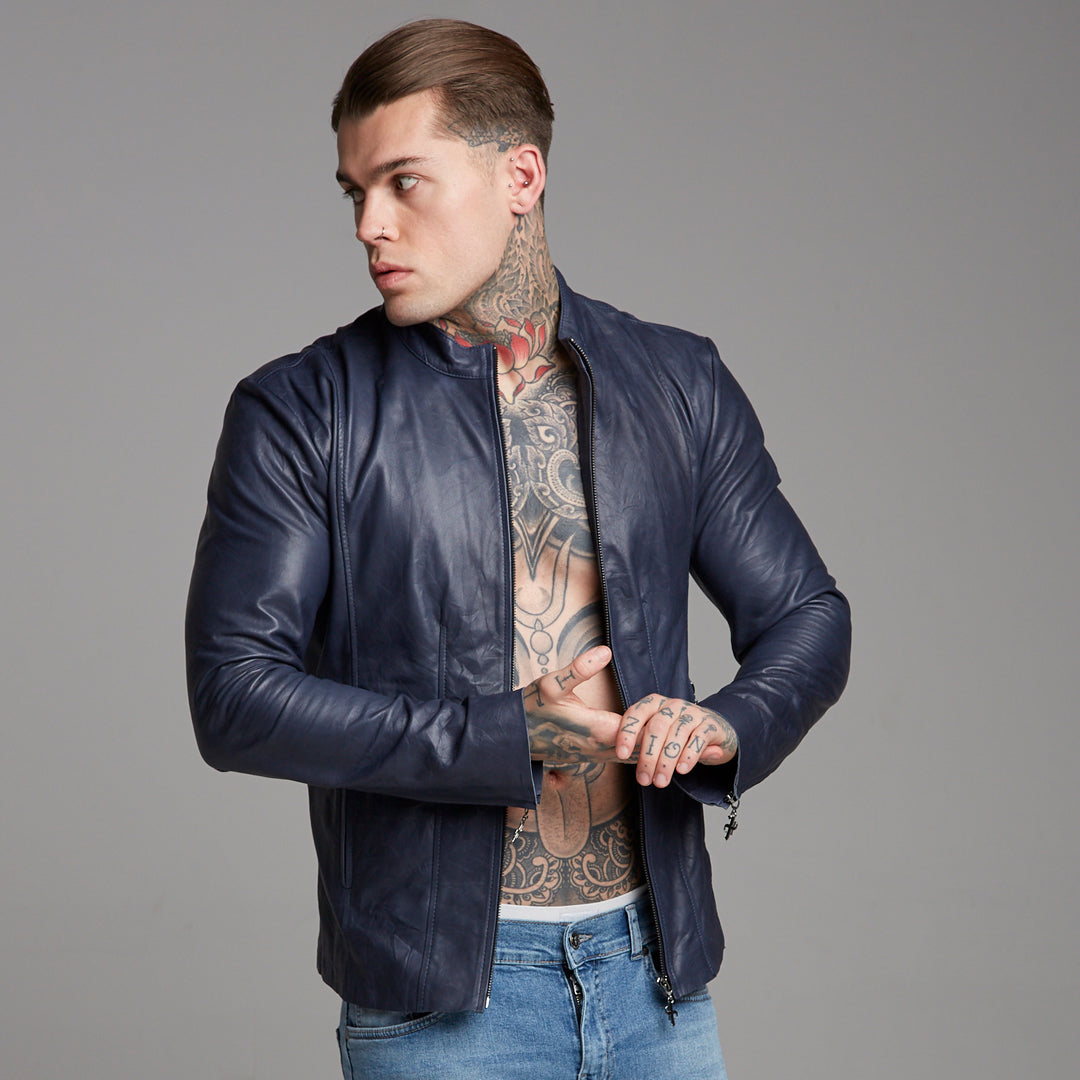 Navy Lambs Leather Jacket - FSH217