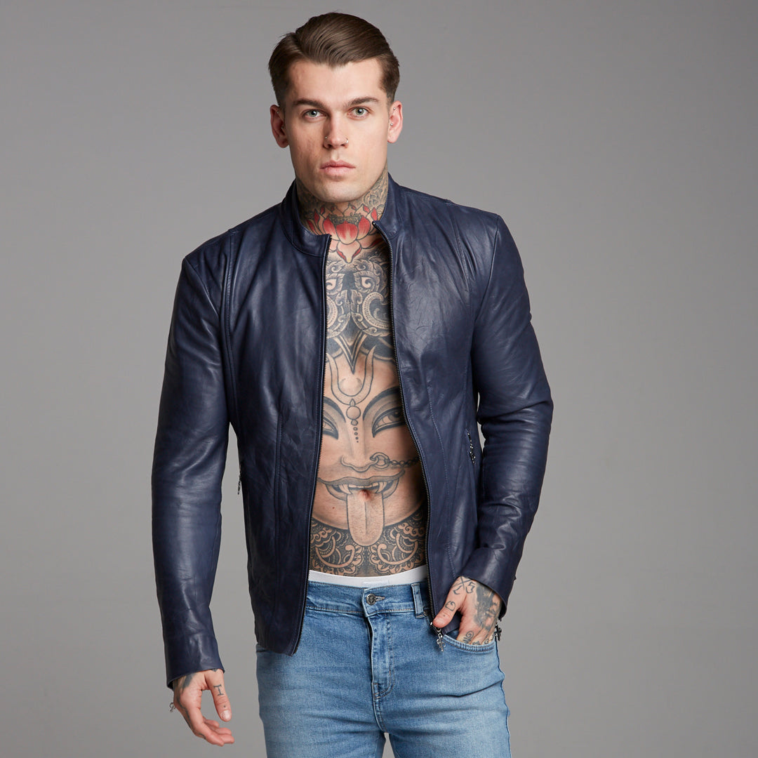 Navy Lambs Leather Jacket - FSH217