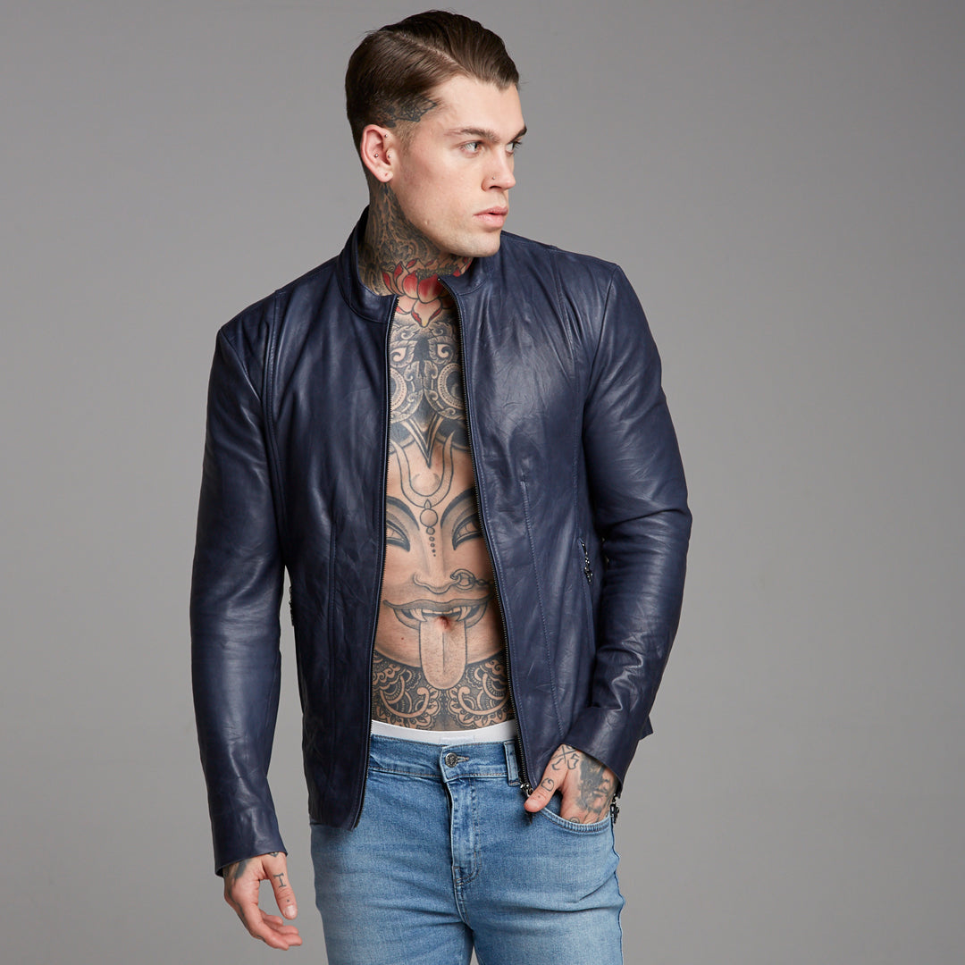 Navy Lambs Leather Jacket - FSH217