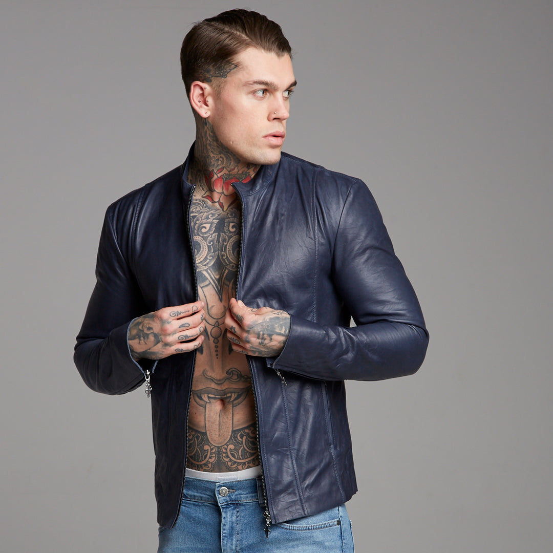 Navy Lambs Leather Jacket - FSH217