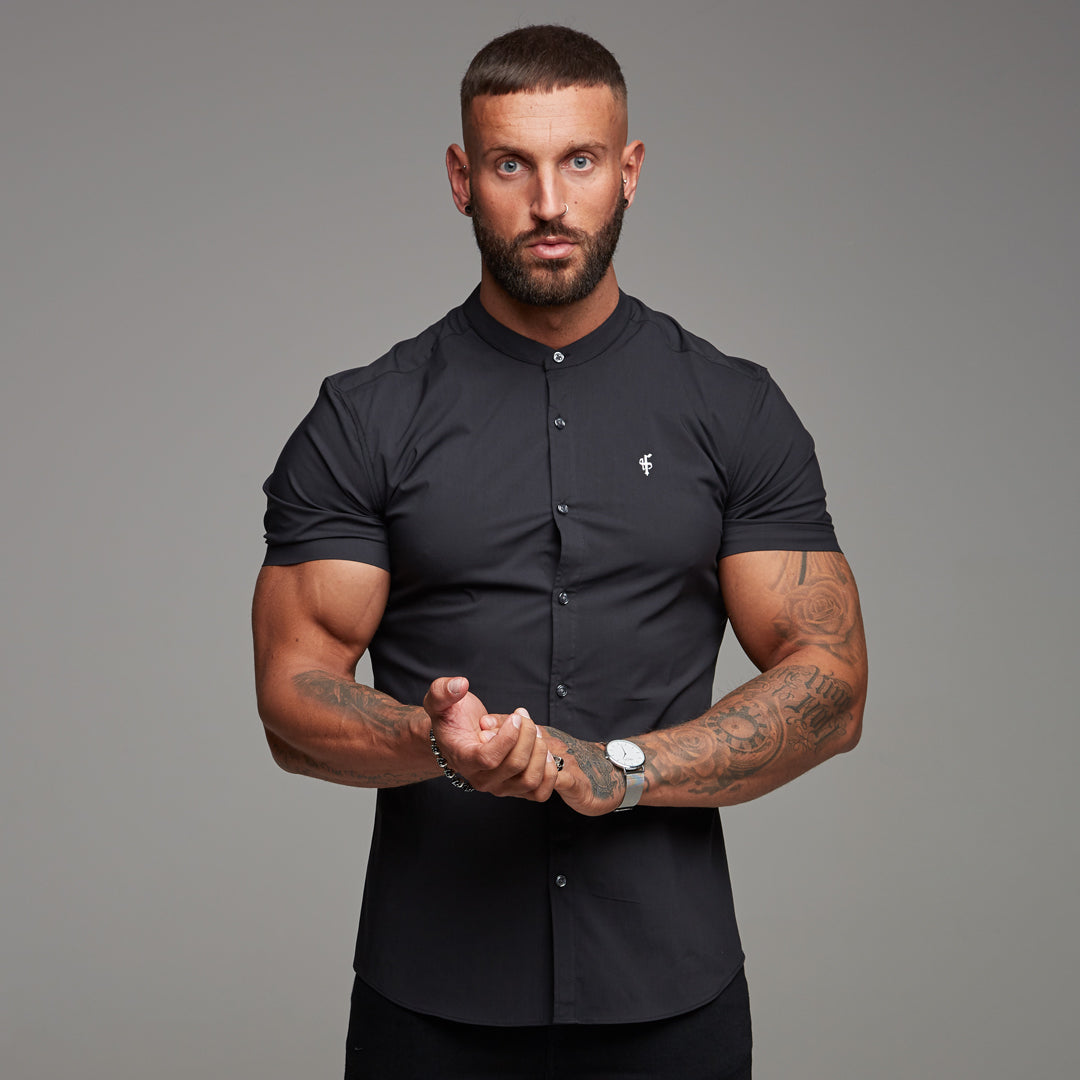 Super Slim Stretch Classic Black Grandad Collar Short Sleeve - FS173