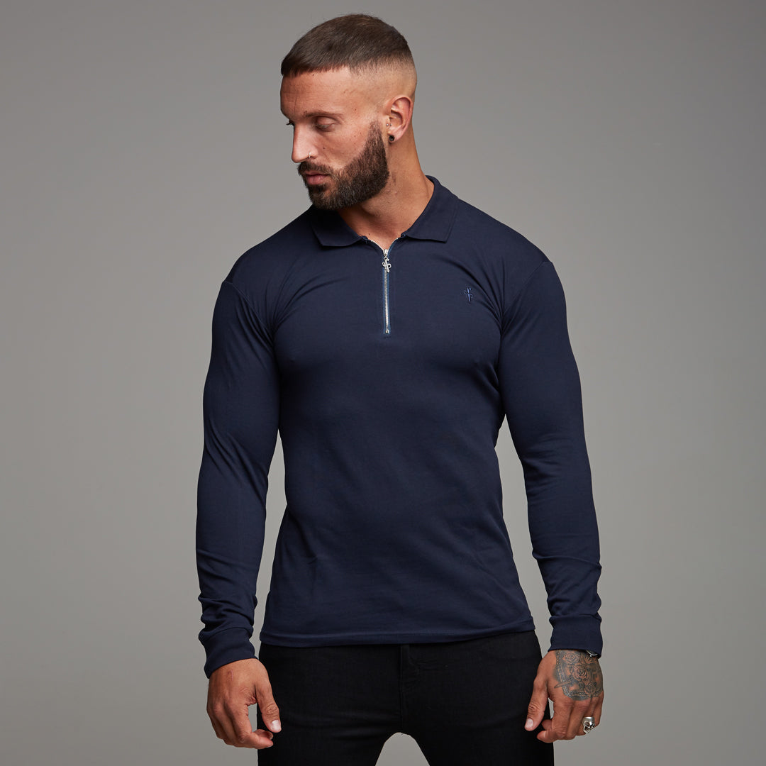 Classic Navy Zipped Polo Long Sleeve Shirt - FSH024