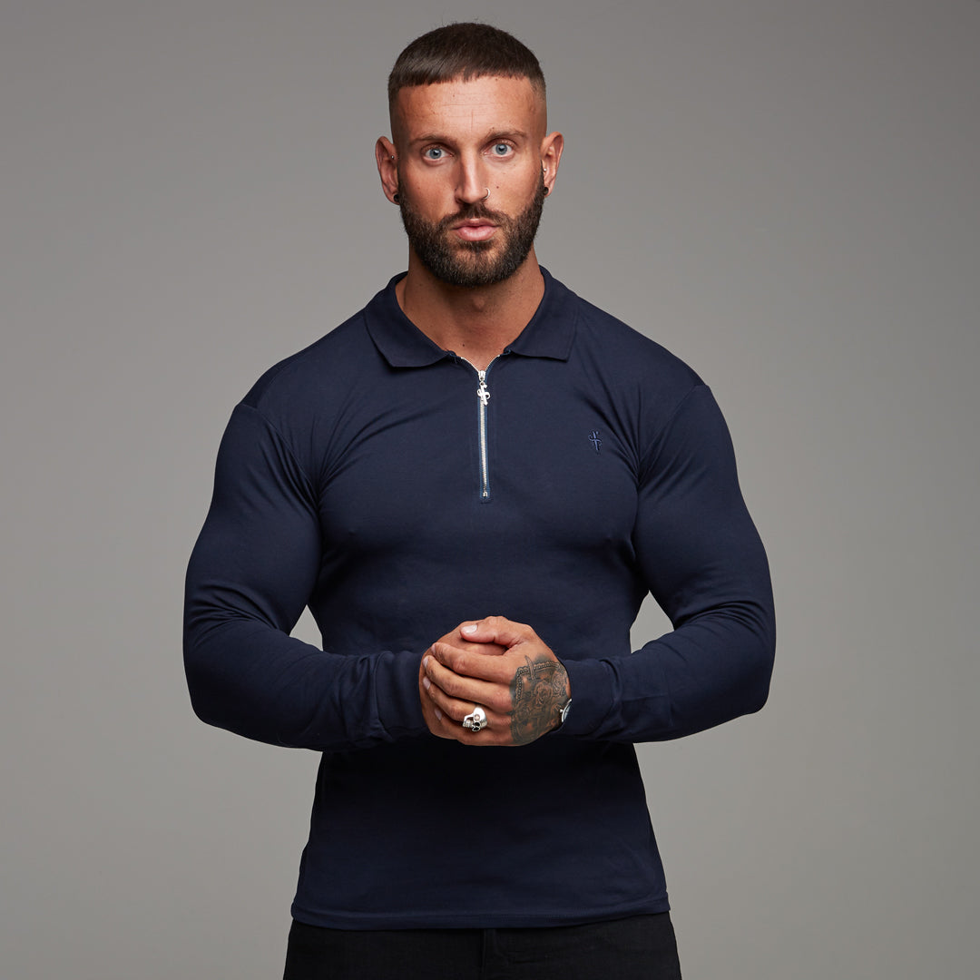 Classic Navy Zipped Polo Long Sleeve Shirt - FSH024