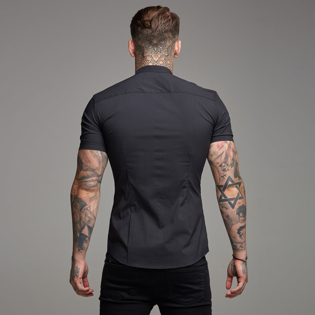 Super Slim Stretch Classic Black Grandad Collar Short Sleeve - FS173