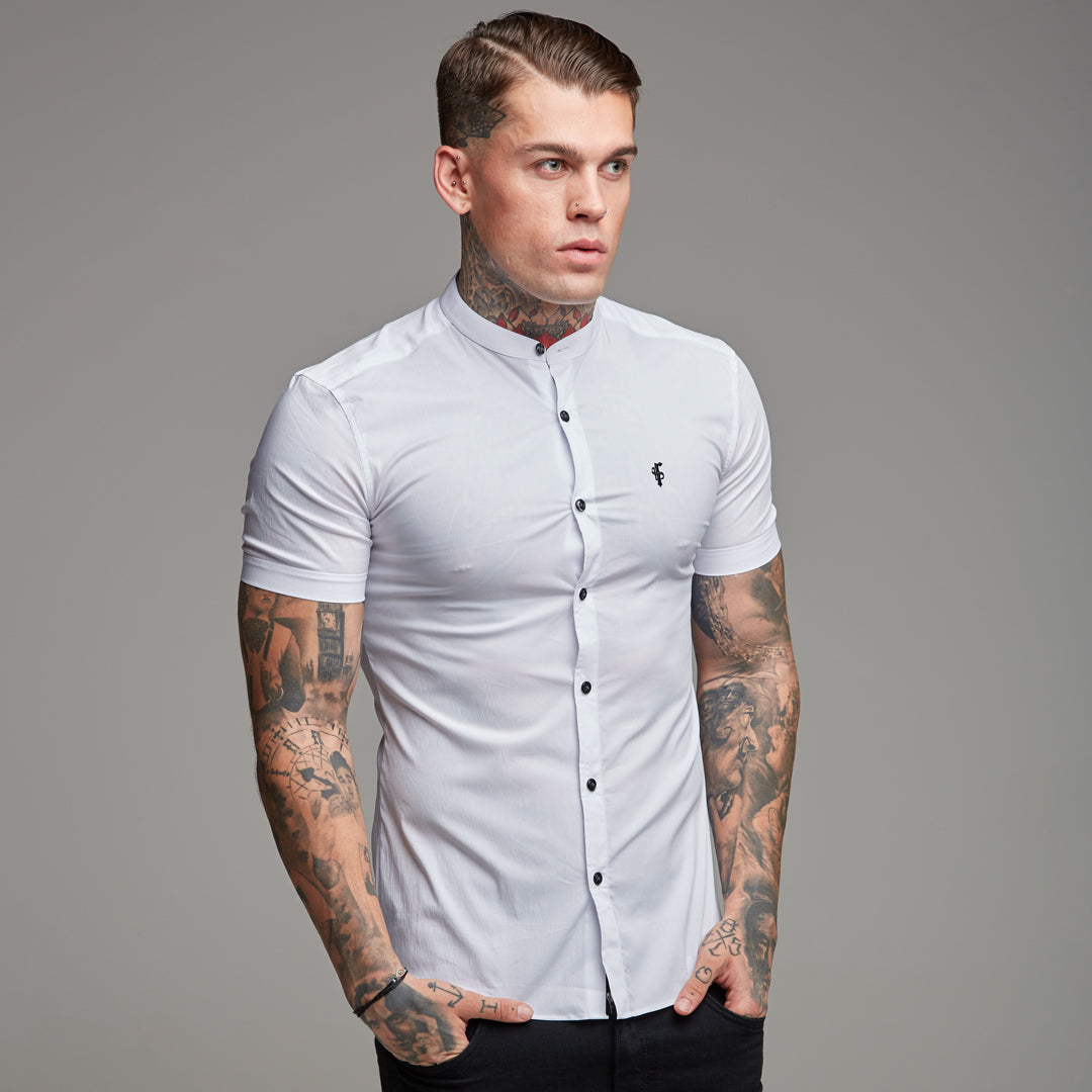 Super Slim Stretch Classic White Grandad Collar Short Sleeve - FS172