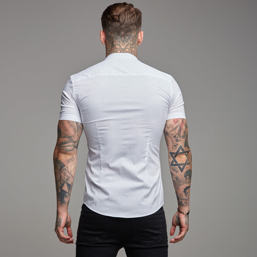 Super Slim Stretch Classic White Grandad Collar Short Sleeve - FS172