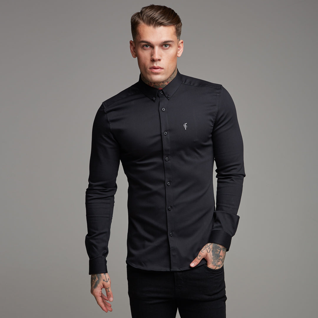 Super Slim Stretch Black Denim Long Sleeve (Silver Emblem) - FS295