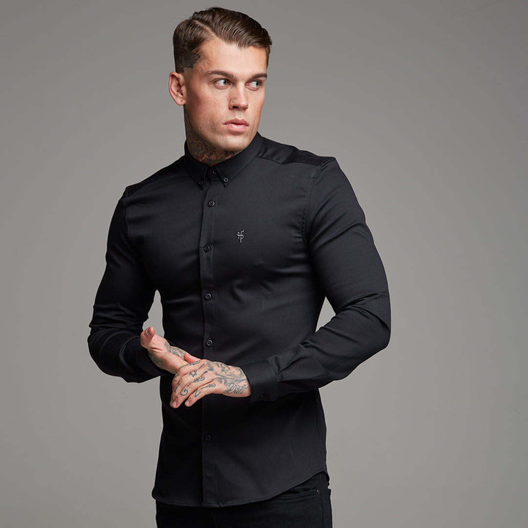 Super Slim Stretch Black Denim Long Sleeve (Silver Emblem) - FS295