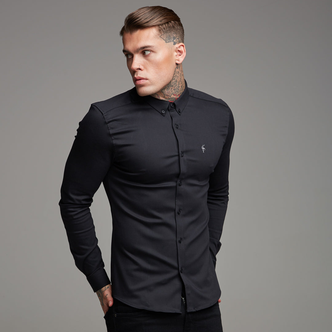 Super Slim Stretch Black Denim Long Sleeve (Silver Emblem) - FS295