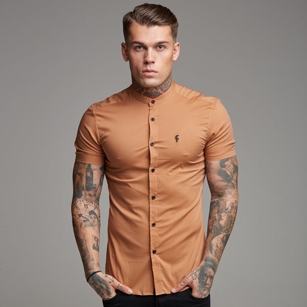 Father Sons Super Slim Stretch Classic Tan Grandad Collar Short Sleeve - FS287 (LAST CHANCE)