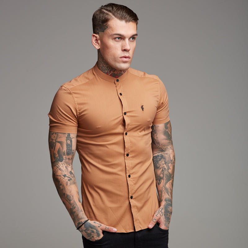 Father Sons Super Slim Stretch Classic Tan Grandad Collar Short Sleeve - FS287 (LAST CHANCE)