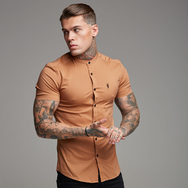 Father Sons Super Slim Stretch Classic Tan Grandad Collar Short Sleeve - FS287 (LAST CHANCE)