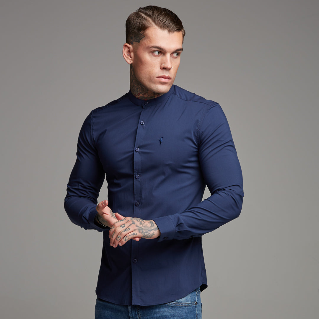 Super Slim Stretch Classic Navy Grandad Collar - FS183