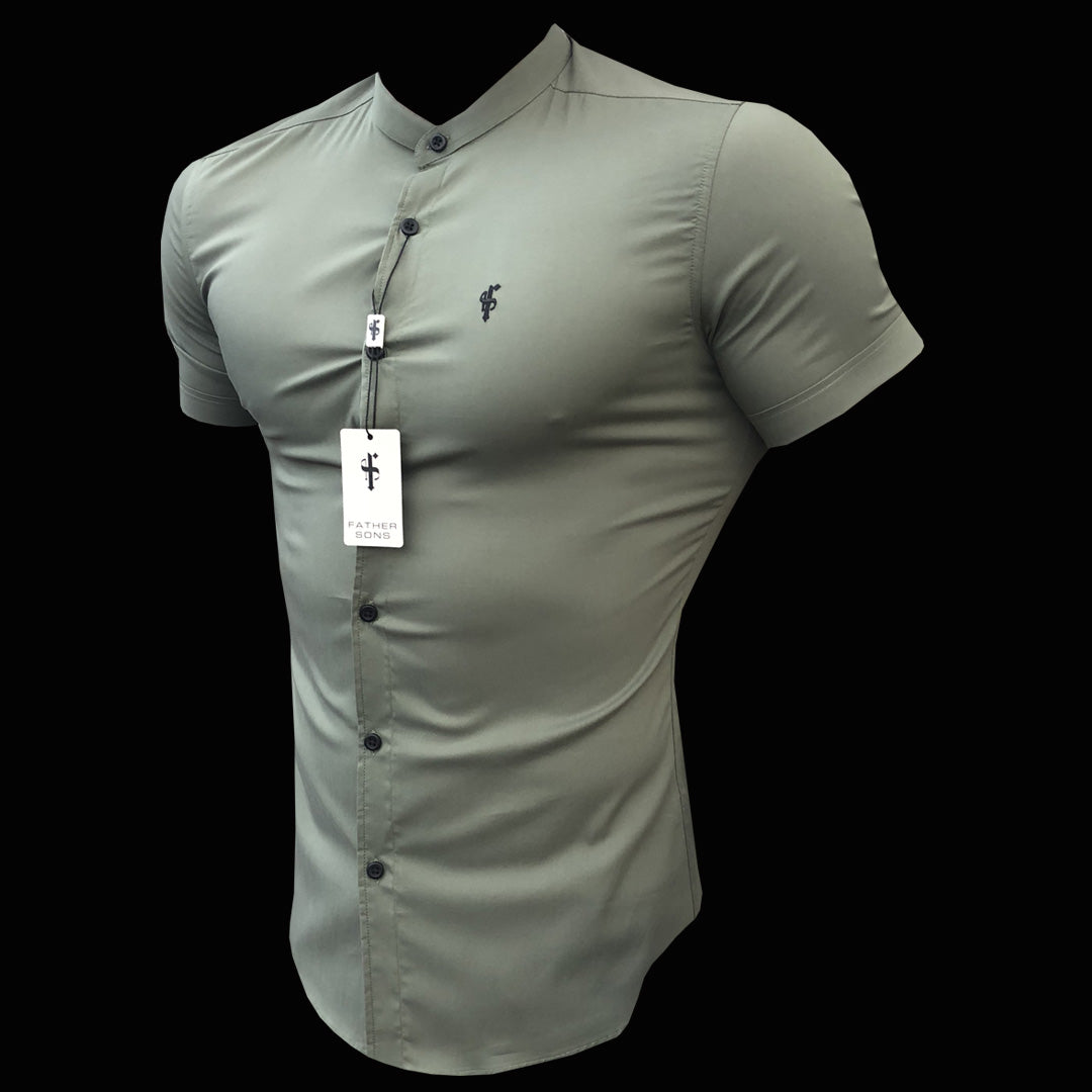 Super Slim Stretch Classic Khaki Grandad Collar Short Sleeve - FS291