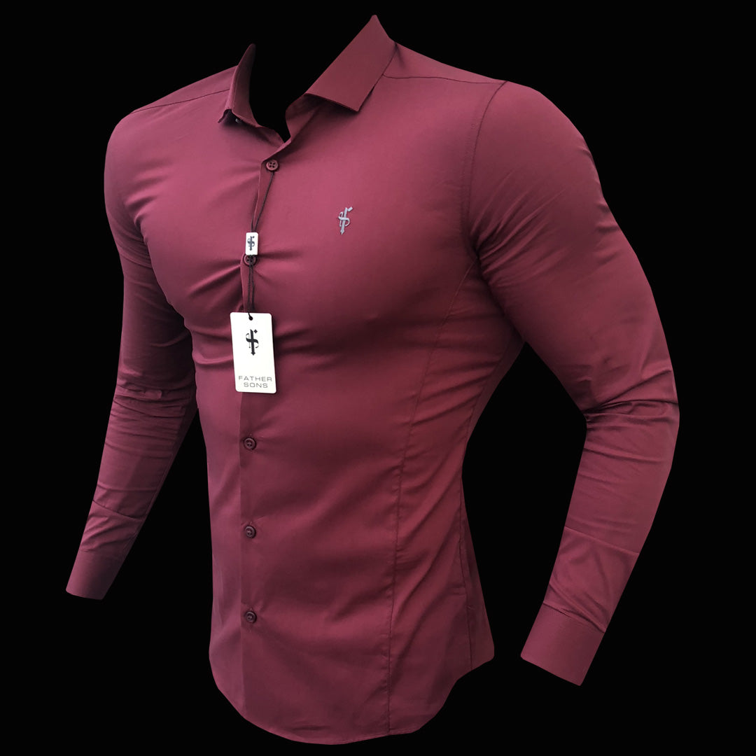 Super Slim Stretch Classic Oxblood Panel Shirt (Grey embroidery) - FS318