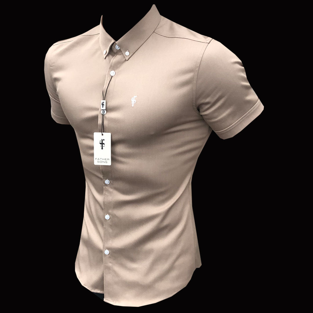 Super Slim Stretch Beige Denim Short Sleeve - FS344