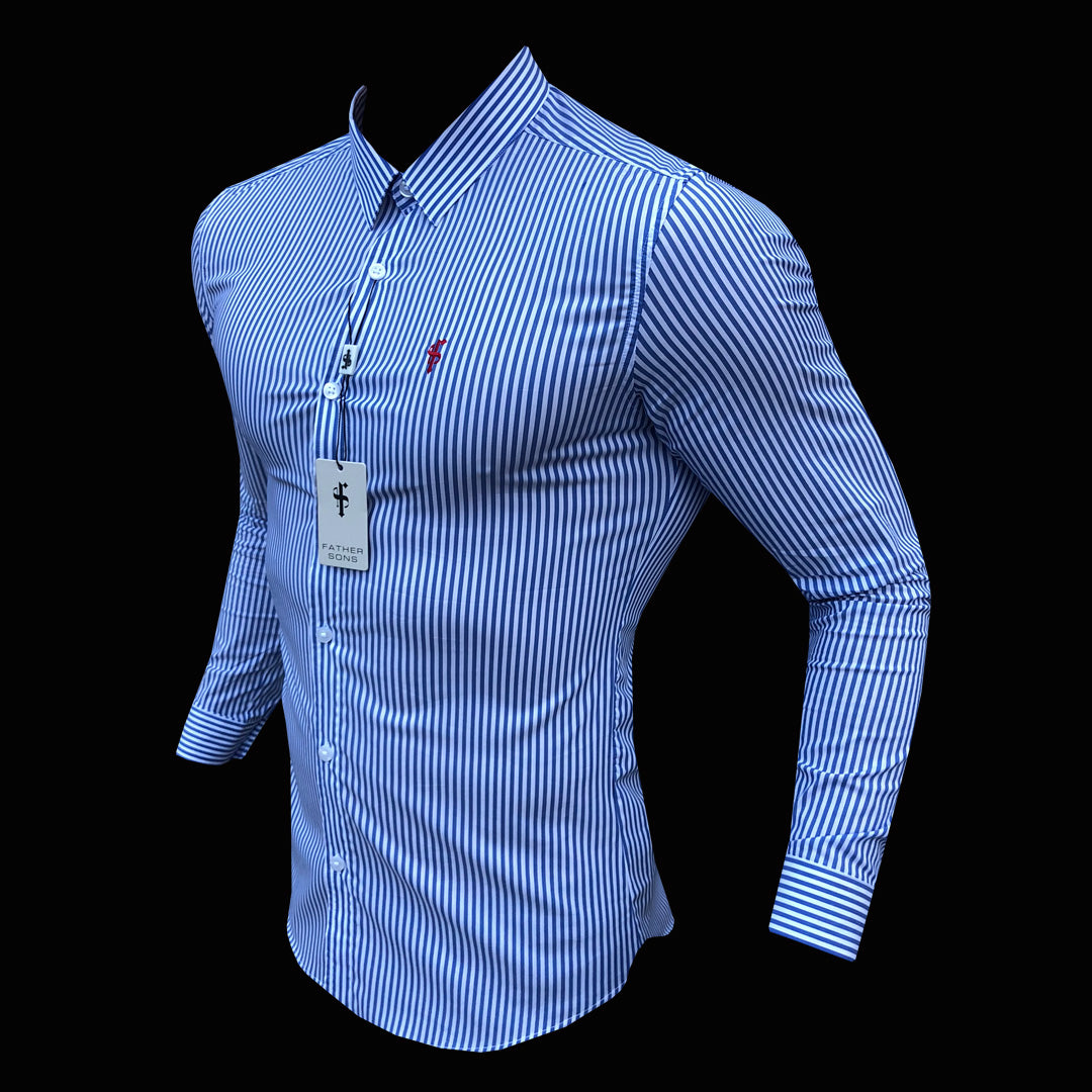 Super Slim Stretch White & Navy Stripe (Red Emblem)  -  FS513