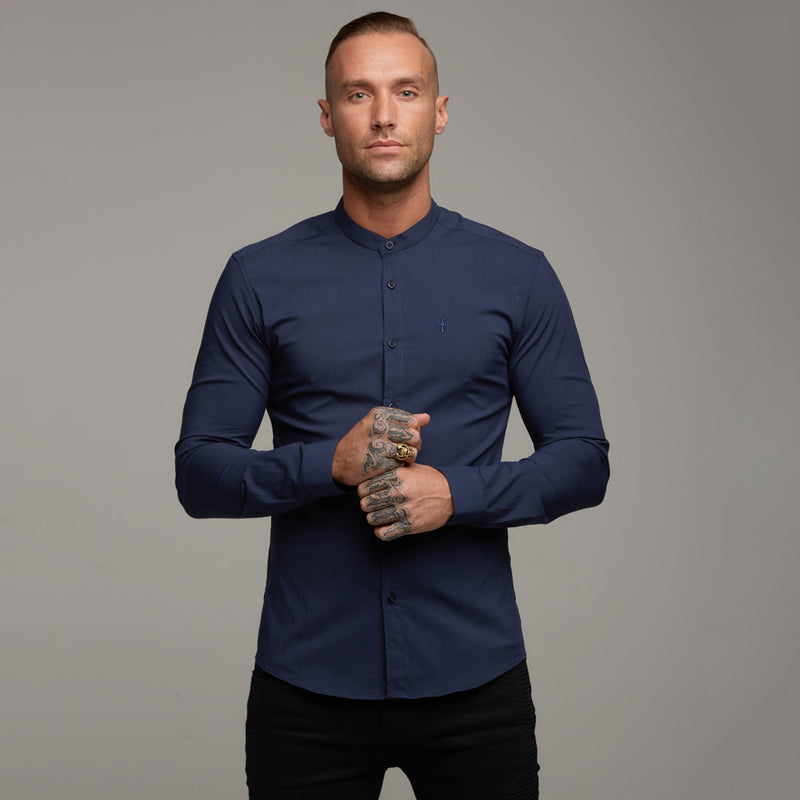 Father Sons Super Slim Stretch Classic Navy Grandad Collar - FS183