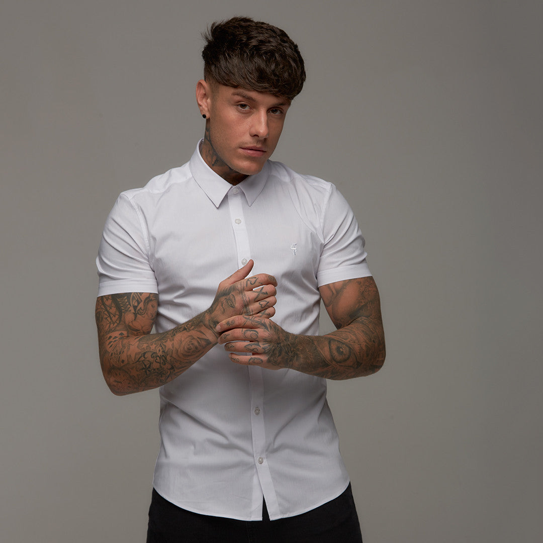 Super Slim Stretch Classic White Short Sleeve (White Embroidery) - FS219