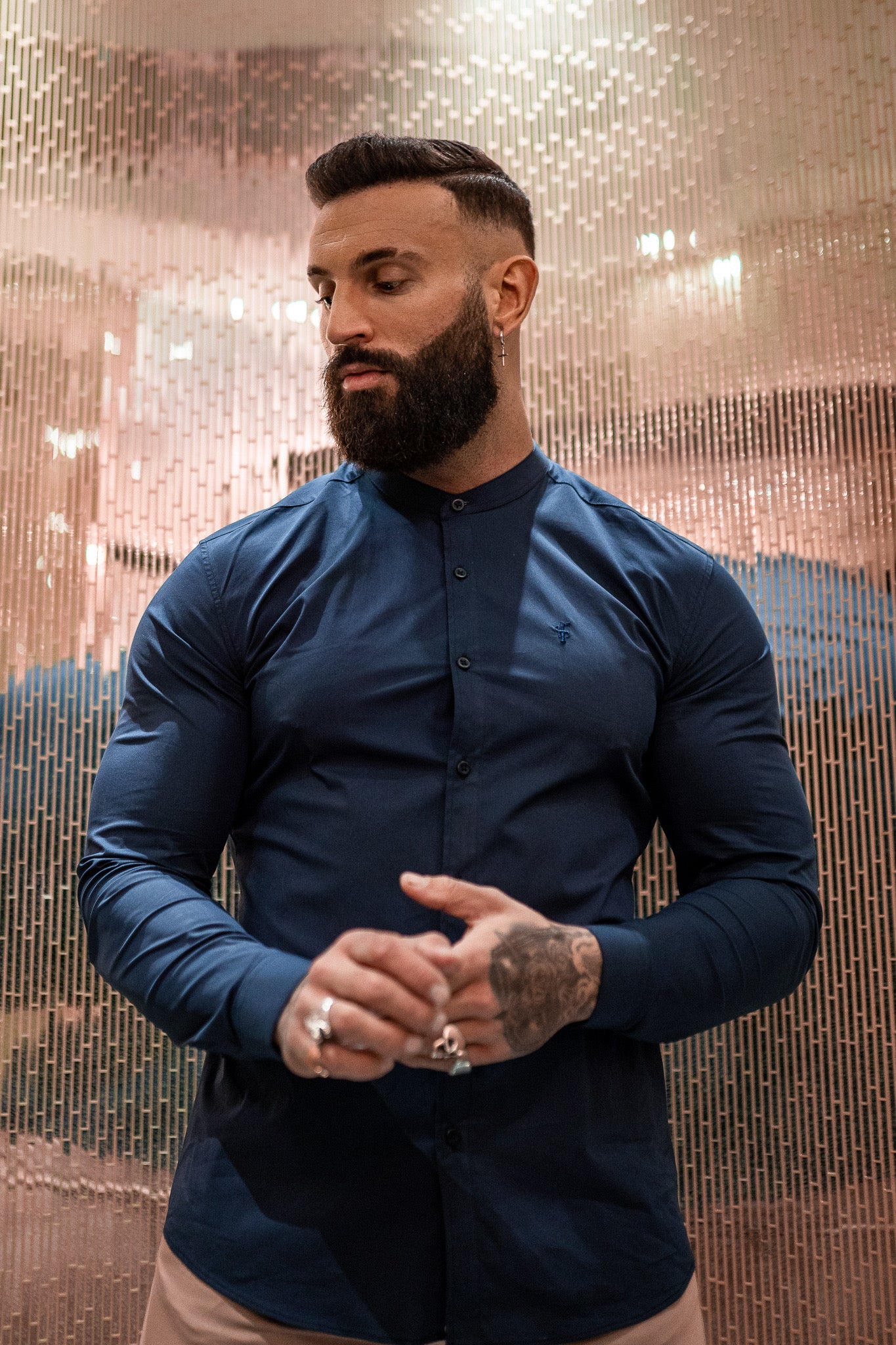 Super Slim Stretch Classic Navy Grandad Collar - FS183