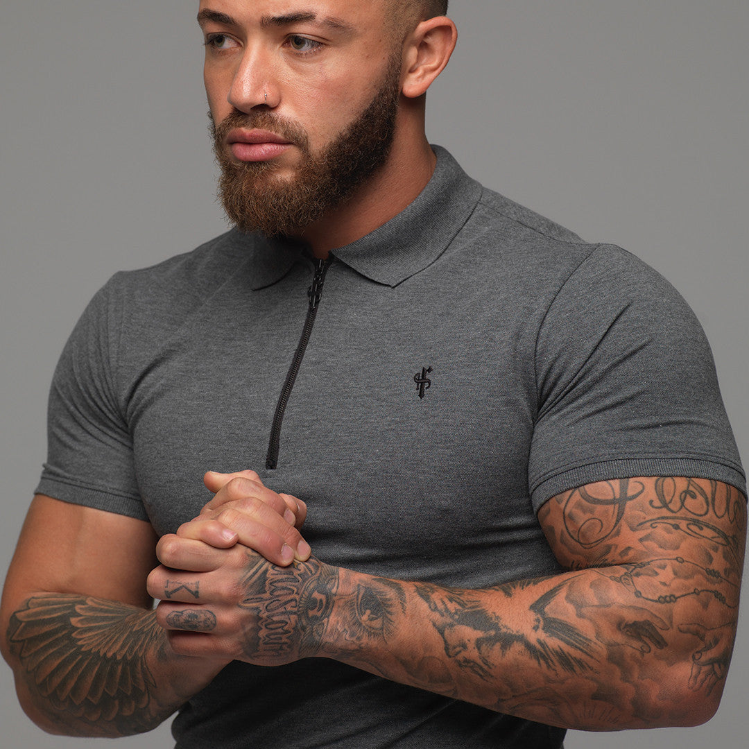 Classic Black Zipped Polo Shirt - Black Zip